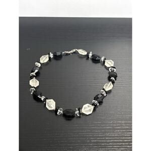 Vintage 80s Black Clear Frosted Faceted Acrylic Beads Retro Beaded Necklace, 17"